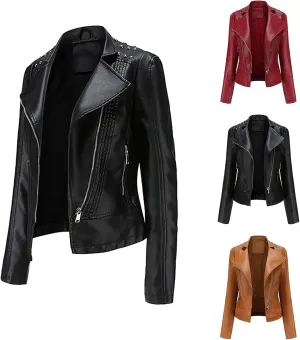 tuduoms Women Trendy Leather Jacket Slim Fit Casual Motorcycle Coat Asymmetrical Zip Up Biker Jacket with Splicing Details