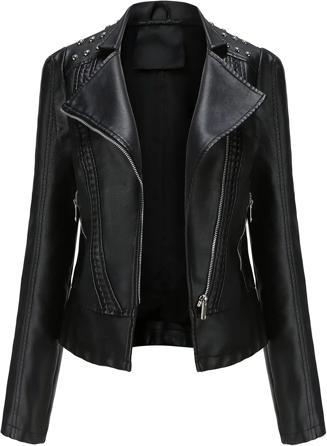 tuduoms Women Trendy Leather Jacket Slim Fit Casual Motorcycle Coat Asymmetrical Zip Up Biker Jacket with Splicing Details
