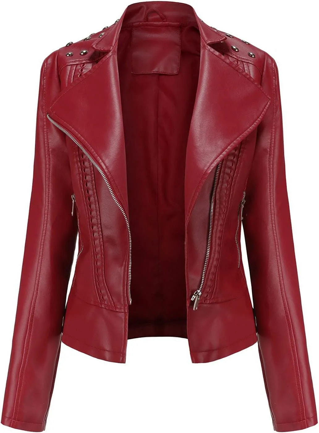 tuduoms Women Trendy Leather Jacket Slim Fit Casual Motorcycle Coat Asymmetrical Zip Up Biker Jacket with Splicing Details