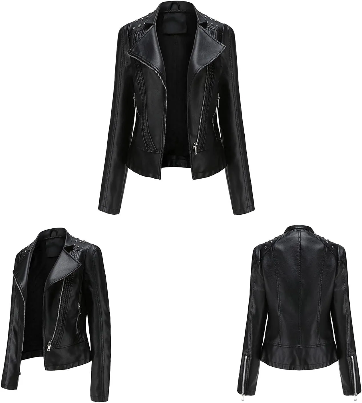 tuduoms Women Trendy Leather Jacket Slim Fit Casual Motorcycle Coat Asymmetrical Zip Up Biker Jacket with Splicing Details