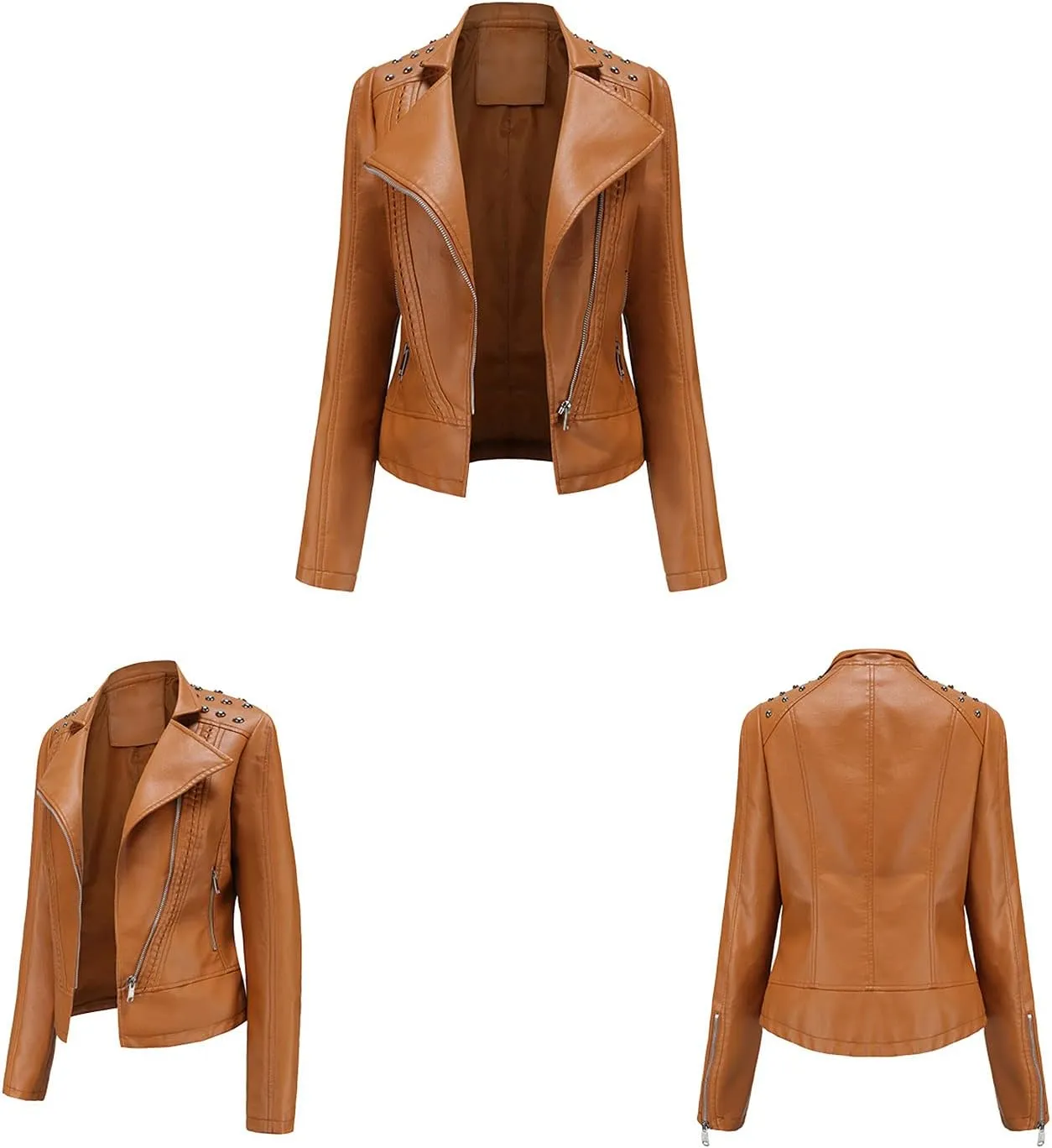 tuduoms Women Trendy Leather Jacket Slim Fit Casual Motorcycle Coat Asymmetrical Zip Up Biker Jacket with Splicing Details