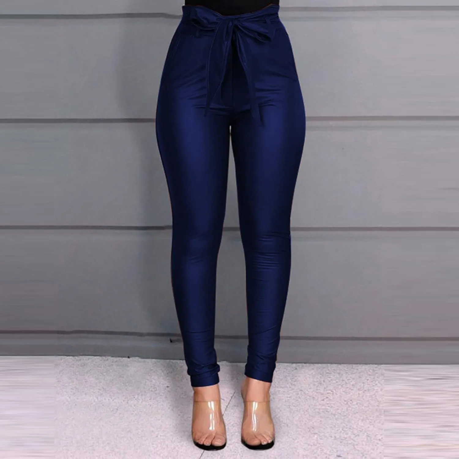 tuduoms Womens Leather Work Pants Paperbag Waist Stretchy Skinny Trousers Straight Leg Slim Butt Lifting Pants with Tie Belt