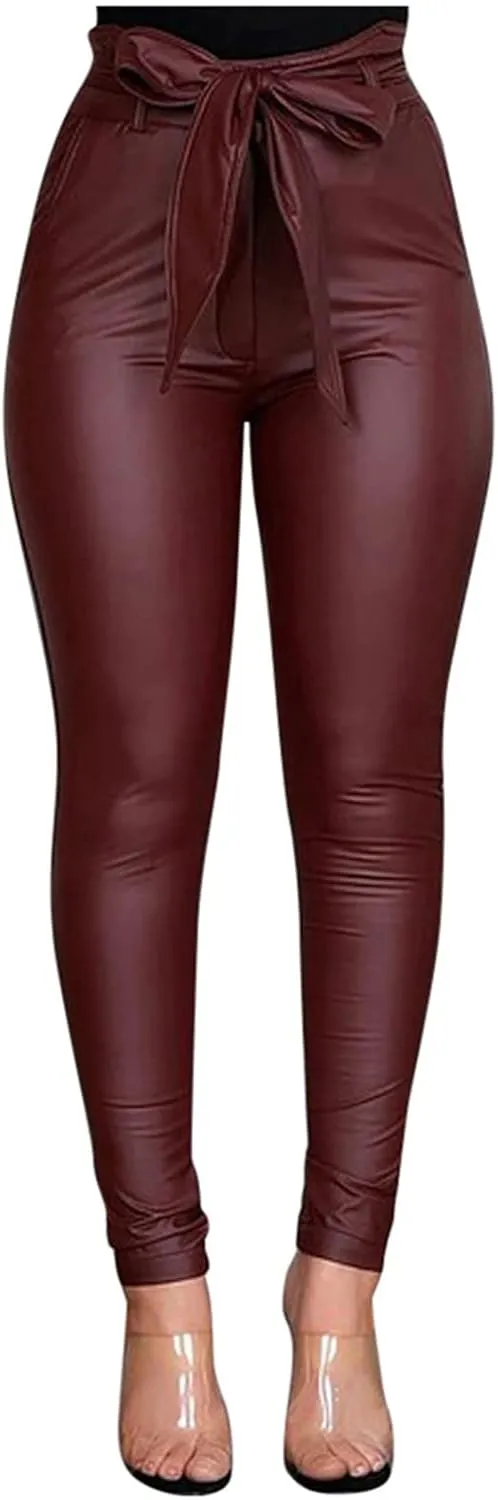 tuduoms Womens Leather Work Pants Paperbag Waist Stretchy Skinny Trousers Straight Leg Slim Butt Lifting Pants with Tie Belt