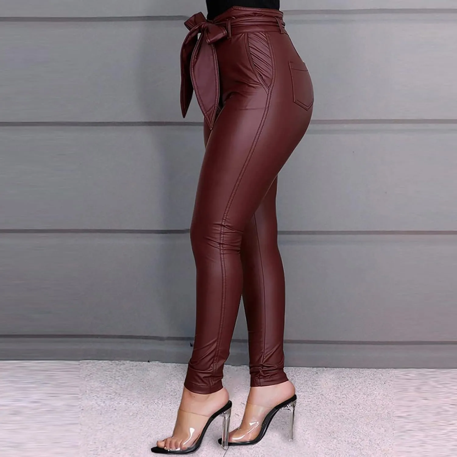 tuduoms Womens Leather Work Pants Paperbag Waist Stretchy Skinny Trousers Straight Leg Slim Butt Lifting Pants with Tie Belt