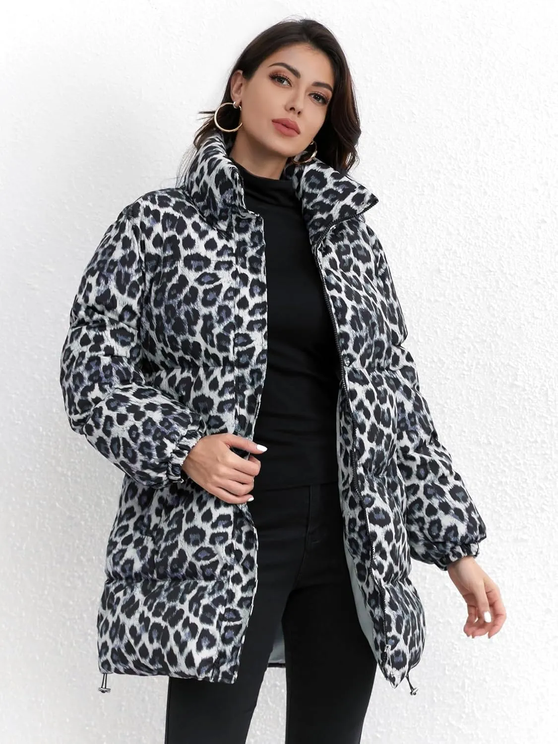 utcoco Womens 2024 Fashion Leopard Padded Puffer Coat Stand Collar Full Zip Winter Warm Down Coat Parka Overcoat