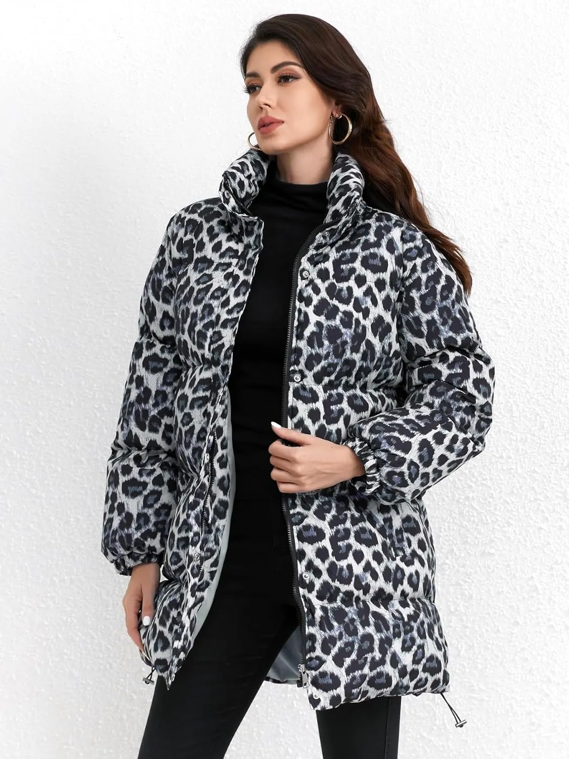 utcoco Womens 2024 Fashion Leopard Padded Puffer Coat Stand Collar Full Zip Winter Warm Down Coat Parka Overcoat