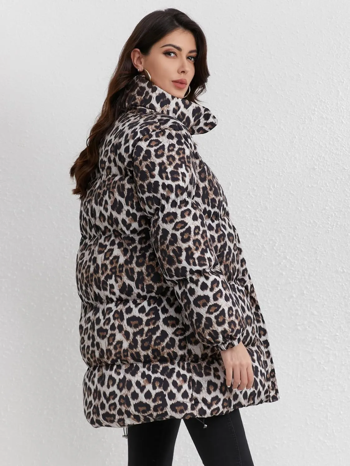 utcoco Womens 2024 Fashion Leopard Padded Puffer Coat Stand Collar Full Zip Winter Warm Down Coat Parka Overcoat