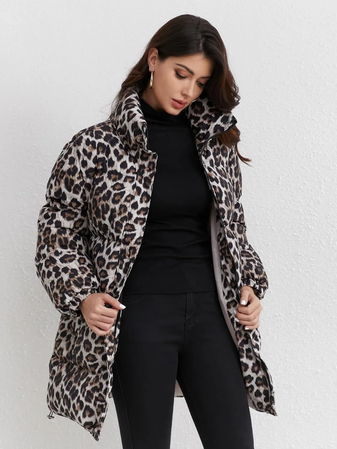 utcoco Womens 2024 Fashion Leopard Padded Puffer Coat Stand Collar Full Zip Winter Warm Down Coat Parka Overcoat