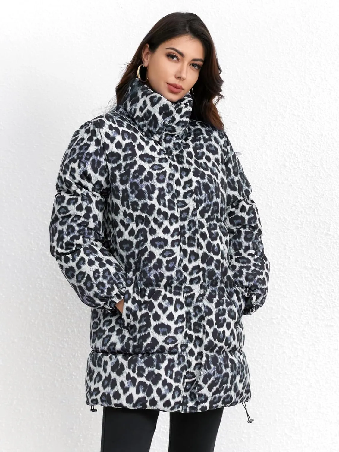utcoco Womens 2024 Fashion Leopard Padded Puffer Coat Stand Collar Full Zip Winter Warm Down Coat Parka Overcoat