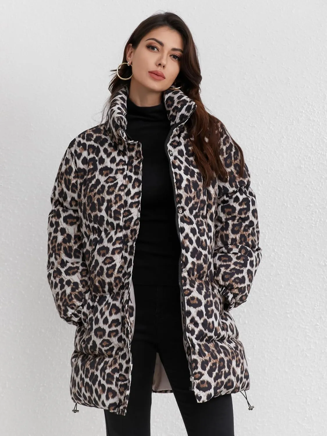 utcoco Womens 2024 Fashion Leopard Padded Puffer Coat Stand Collar Full Zip Winter Warm Down Coat Parka Overcoat