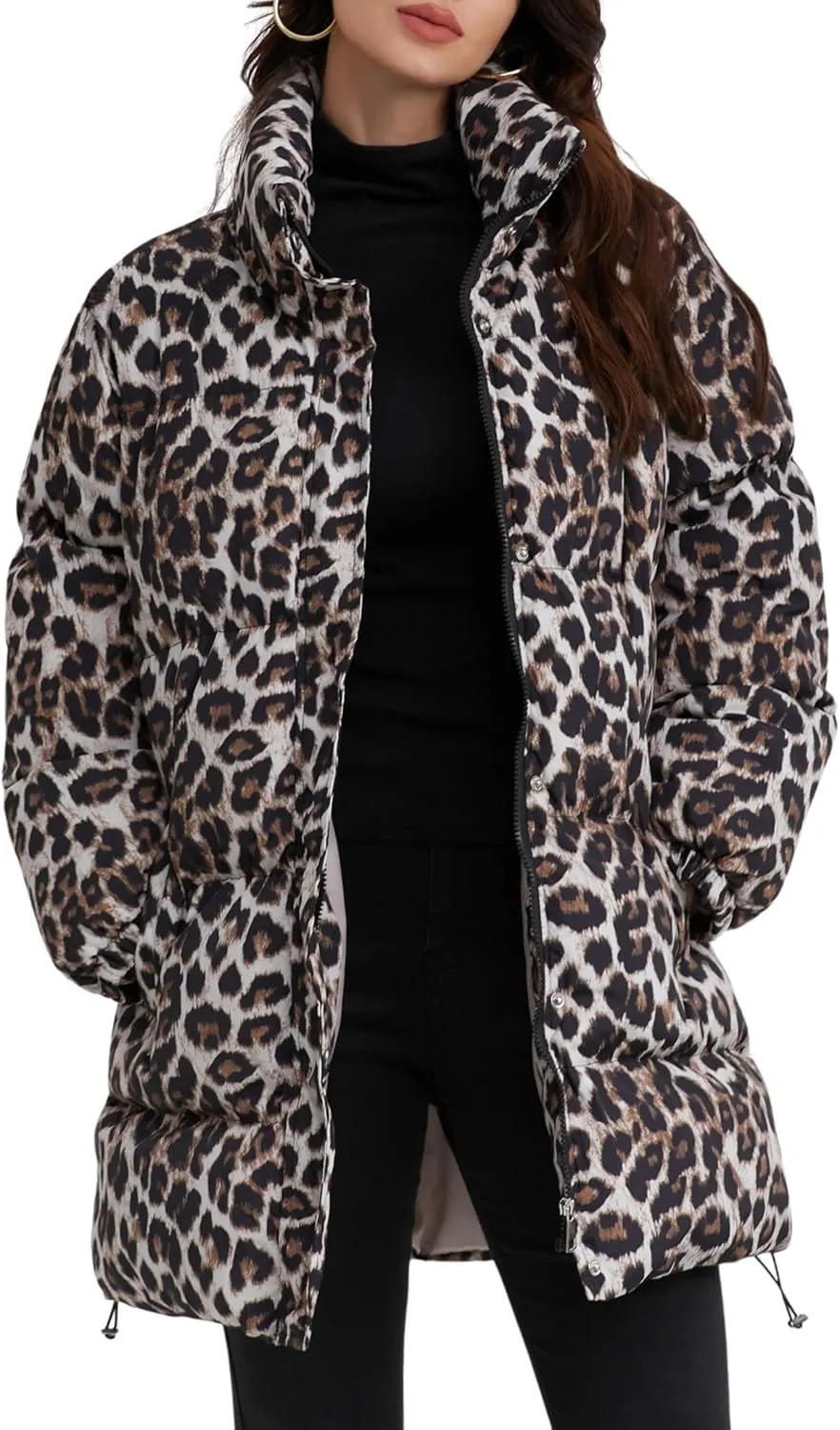 utcoco Womens 2024 Fashion Leopard Padded Puffer Coat Stand Collar Full Zip Winter Warm Down Coat Parka Overcoat