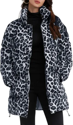 utcoco Womens 2024 Fashion Leopard Padded Puffer Coat Stand Collar Full Zip Winter Warm Down Coat Parka Overcoat