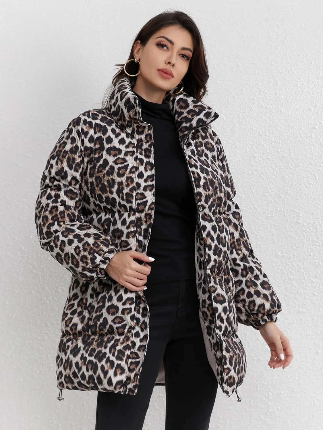 utcoco Womens 2024 Fashion Leopard Padded Puffer Coat Stand Collar Full Zip Winter Warm Down Coat Parka Overcoat