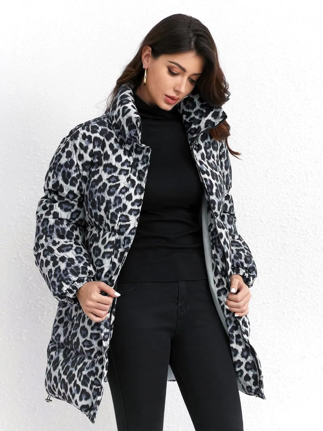utcoco Womens 2024 Fashion Leopard Padded Puffer Coat Stand Collar Full Zip Winter Warm Down Coat Parka Overcoat