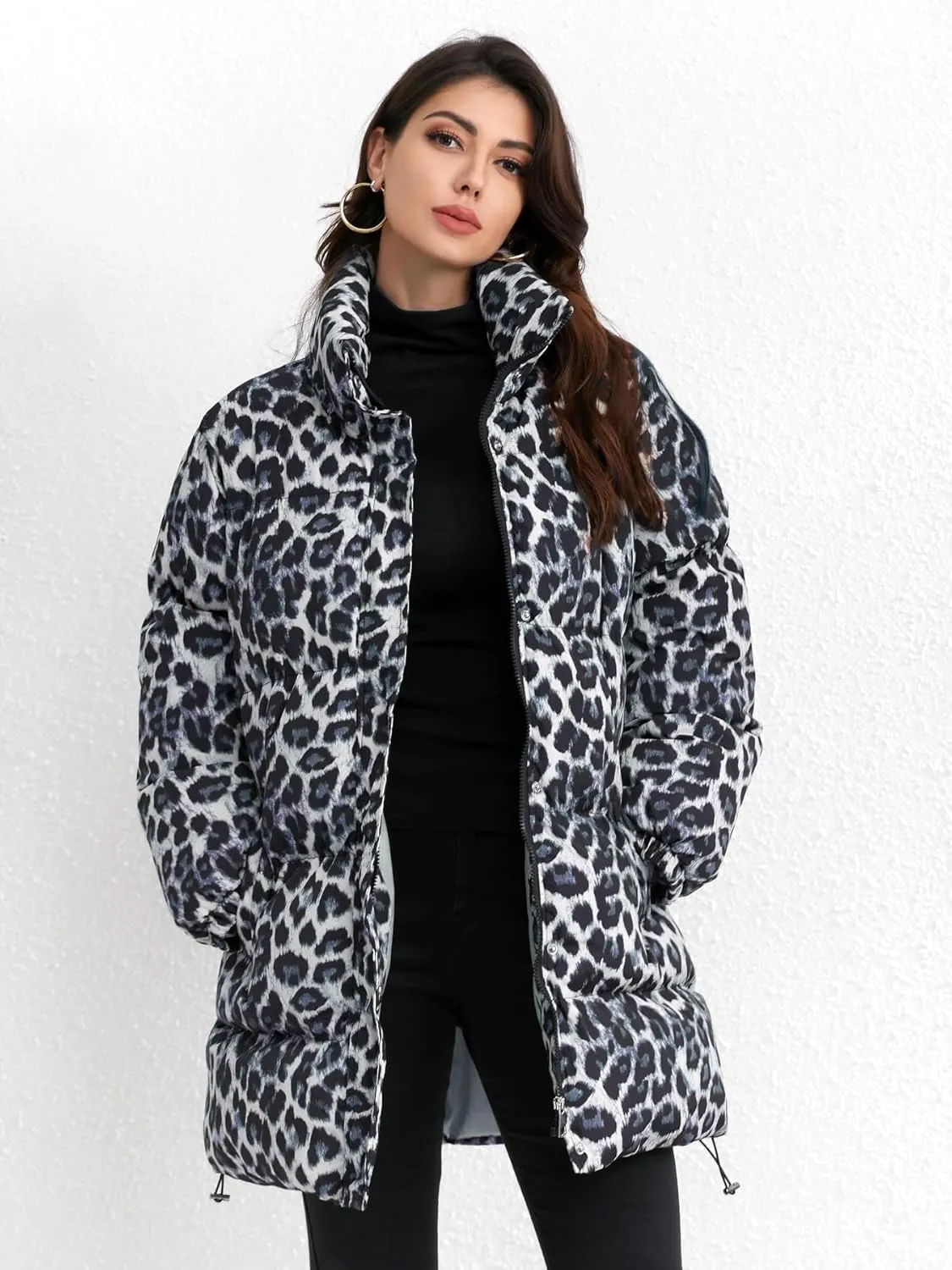 utcoco Womens 2024 Fashion Leopard Padded Puffer Coat Stand Collar Full Zip Winter Warm Down Coat Parka Overcoat