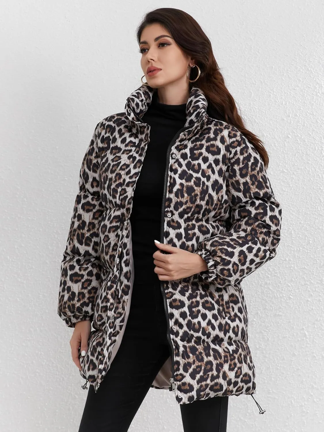 utcoco Womens 2024 Fashion Leopard Padded Puffer Coat Stand Collar Full Zip Winter Warm Down Coat Parka Overcoat