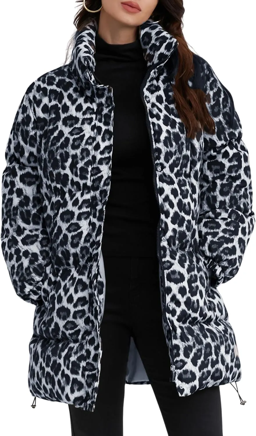 utcoco Womens 2024 Fashion Leopard Padded Puffer Coat Stand Collar Full Zip Winter Warm Down Coat Parka Overcoat