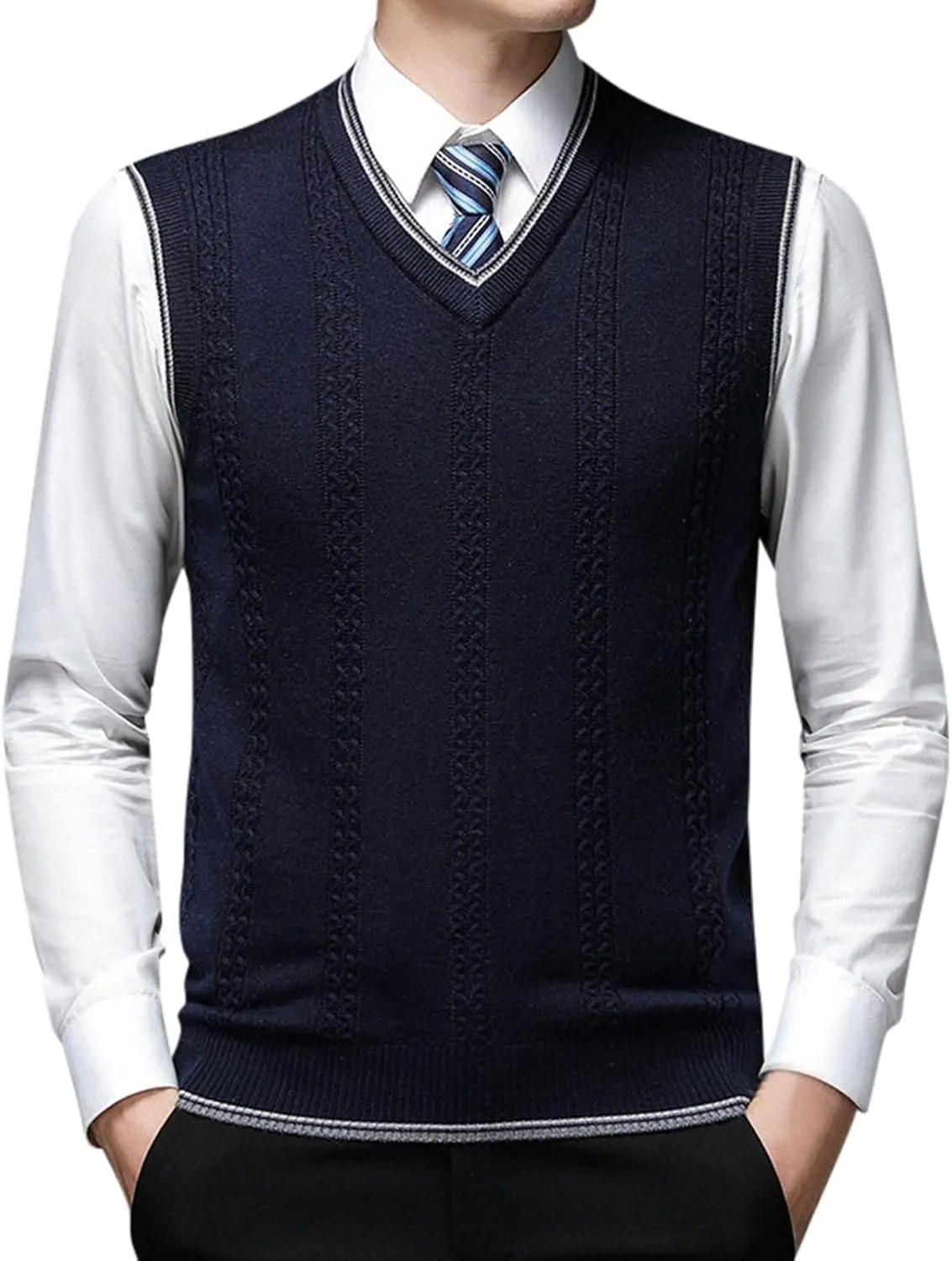 V Neck Knitted Sweater Vest for Men Business Solid Color Cable Knit Sleeveless Sweaters Relaxed Fit Pullover Tank