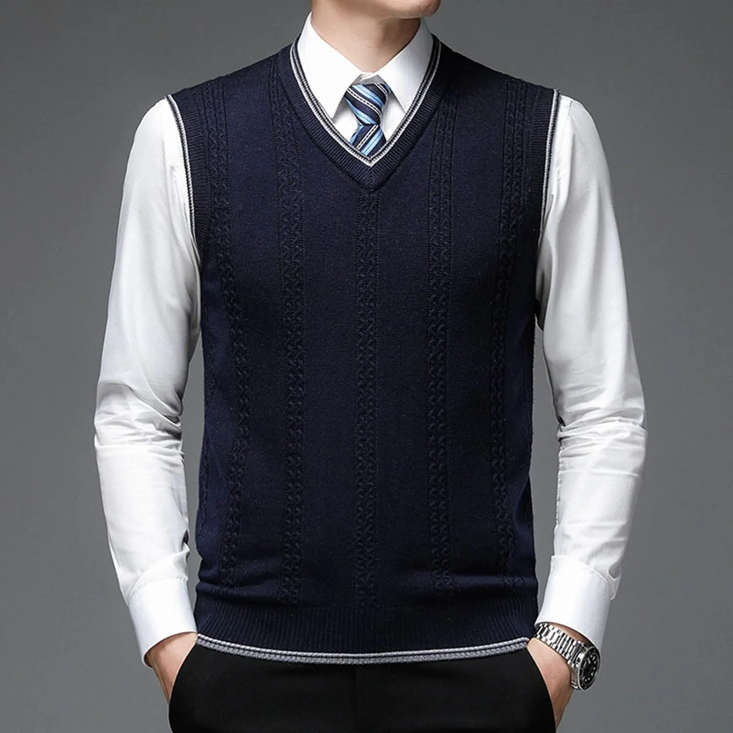 V Neck Knitted Sweater Vest for Men Business Solid Color Cable Knit Sleeveless Sweaters Relaxed Fit Pullover Tank
