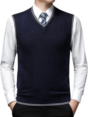 V Neck Knitted Sweater Vest for Men Business Solid Color Cable Knit Sleeveless Sweaters Relaxed Fit Pullover Tank