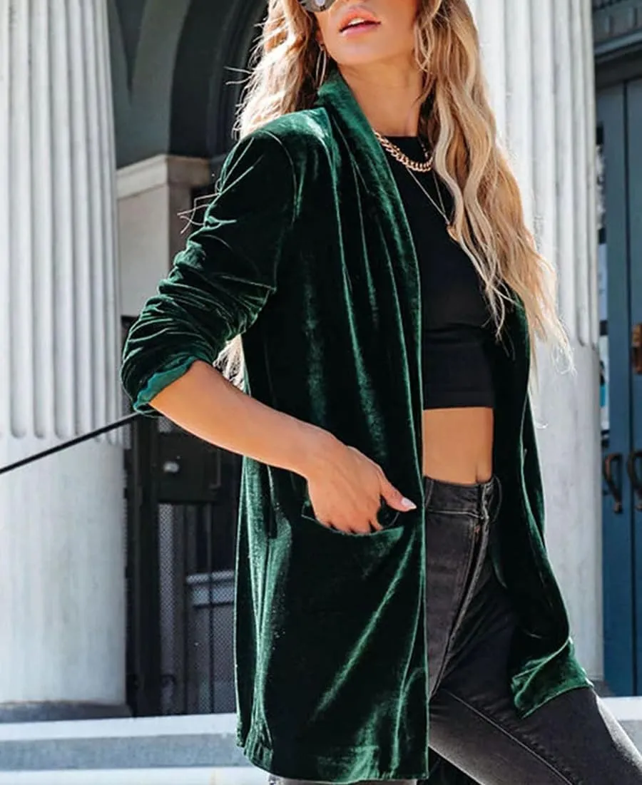 Velvet Blazers Jackets for Women Trendy Lapel Collar Blazer Velvet Suit Casual Business Long Sleeve Cardigan Outerwear