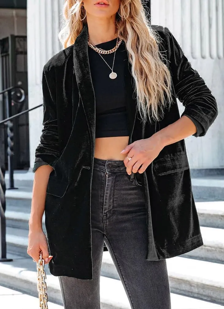Velvet Blazers Jackets for Women Trendy Lapel Collar Blazer Velvet Suit Casual Business Long Sleeve Cardigan Outerwear