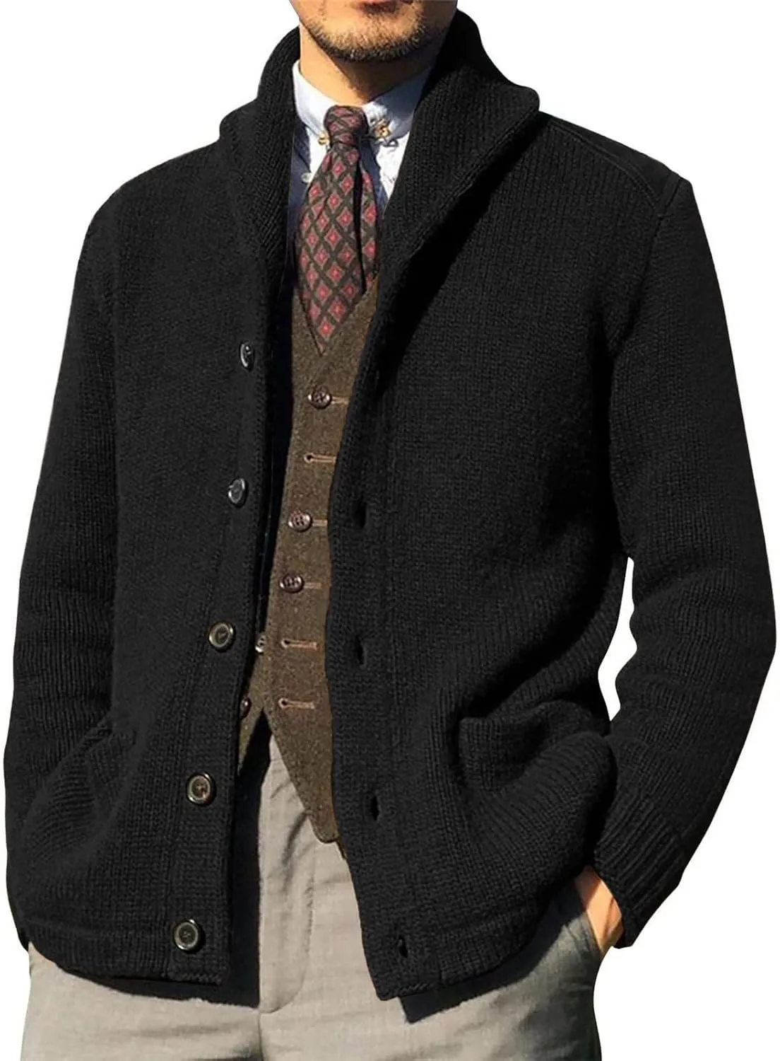 Wankang Men's Shawl Collar Cardigan Sweater Relaxed Fit Button Down Knitwear Cardigan Sweaters Jacket with Pockets for Men