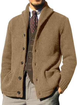 Wankang Men's Shawl Collar Cardigan Sweater Relaxed Fit Button Down Knitwear Cardigan Sweaters Jacket with Pockets for Men