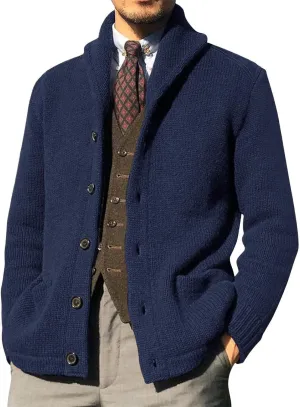 Wankang Men's Shawl Collar Cardigan Sweater Relaxed Fit Button Down Knitwear Cardigan Sweaters Jacket with Pockets for Men