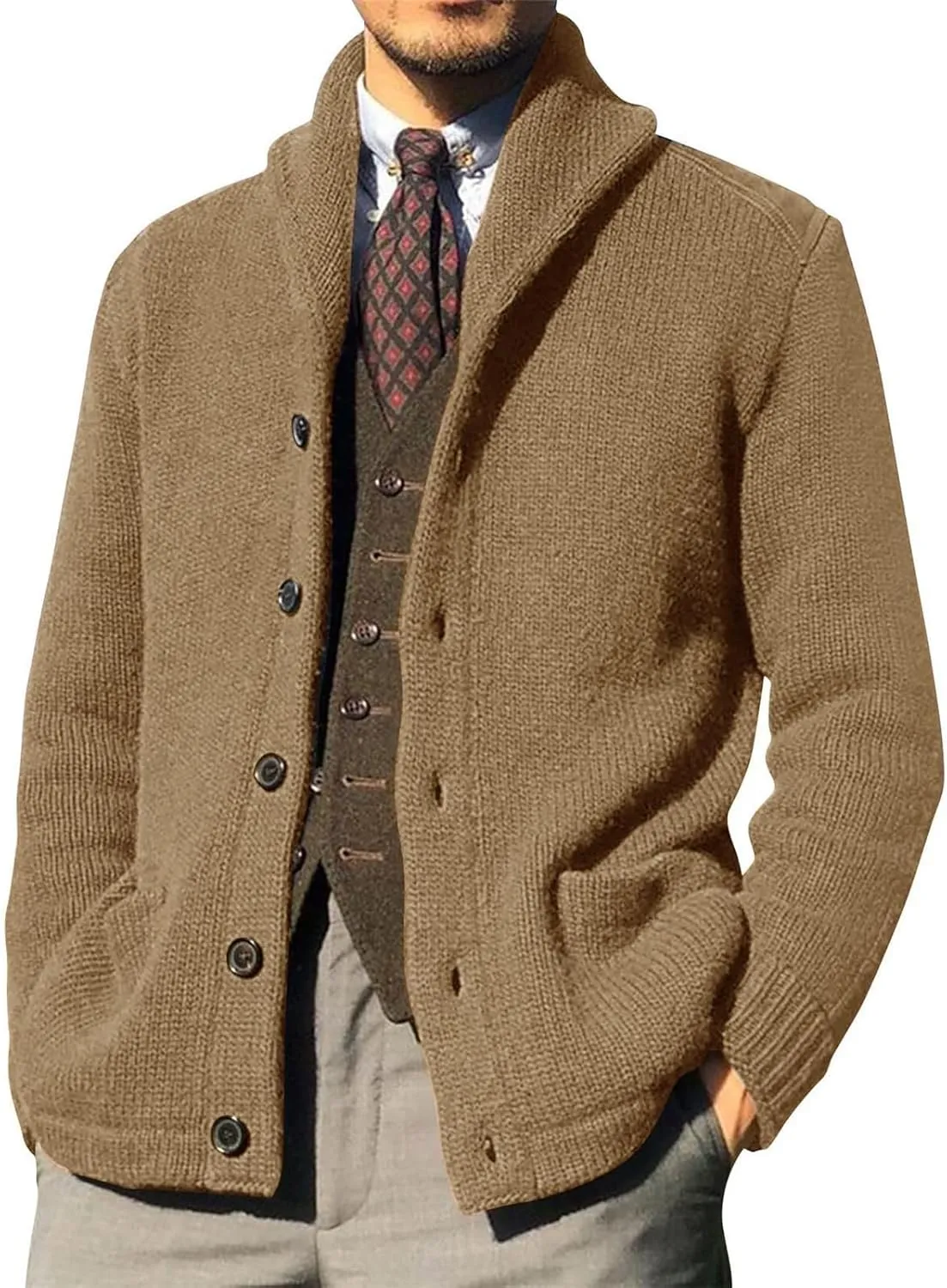 Wankang Men's Shawl Collar Cardigan Sweater Relaxed Fit Button Down Knitwear Cardigan Sweaters Jacket with Pockets for Men