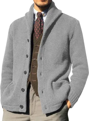 Wankang Men's Shawl Collar Cardigan Sweater Relaxed Fit Button Down Knitwear Cardigan Sweaters Jacket with Pockets for Men