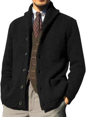Wankang Men's Shawl Collar Cardigan Sweater Relaxed Fit Button Down Knitwear Cardigan Sweaters Jacket with Pockets for Men