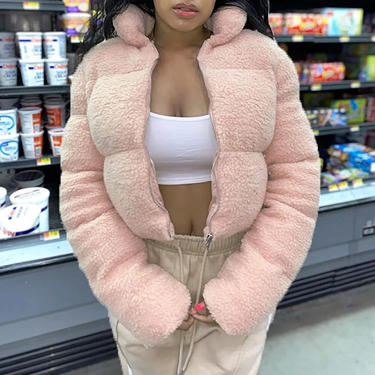 Winter Coat For Women Fashion Zip Up Puffer Jacket Oversized Long Sleeve Packable Down Parka Jackets With Pocket