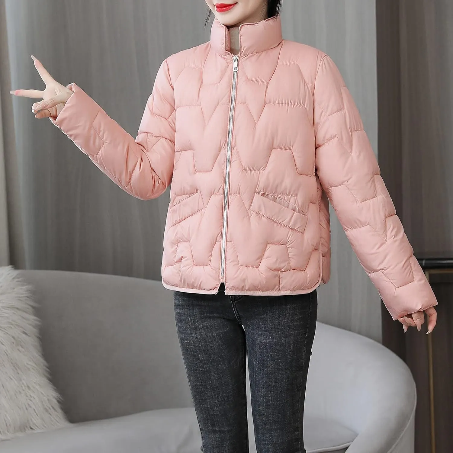 Winter Coats For Women Quilted Zip Up Puffer Jacket Plus Size Long Sleeve Packable Down Outwear With Pocket