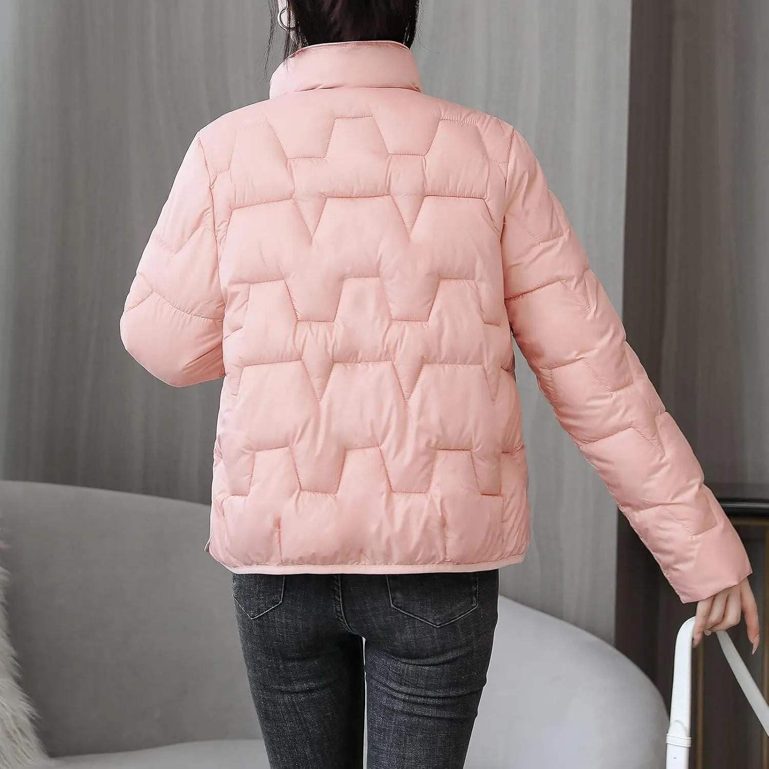 Winter Coats For Women Quilted Zip Up Puffer Jacket Plus Size Long Sleeve Packable Down Outwear With Pocket