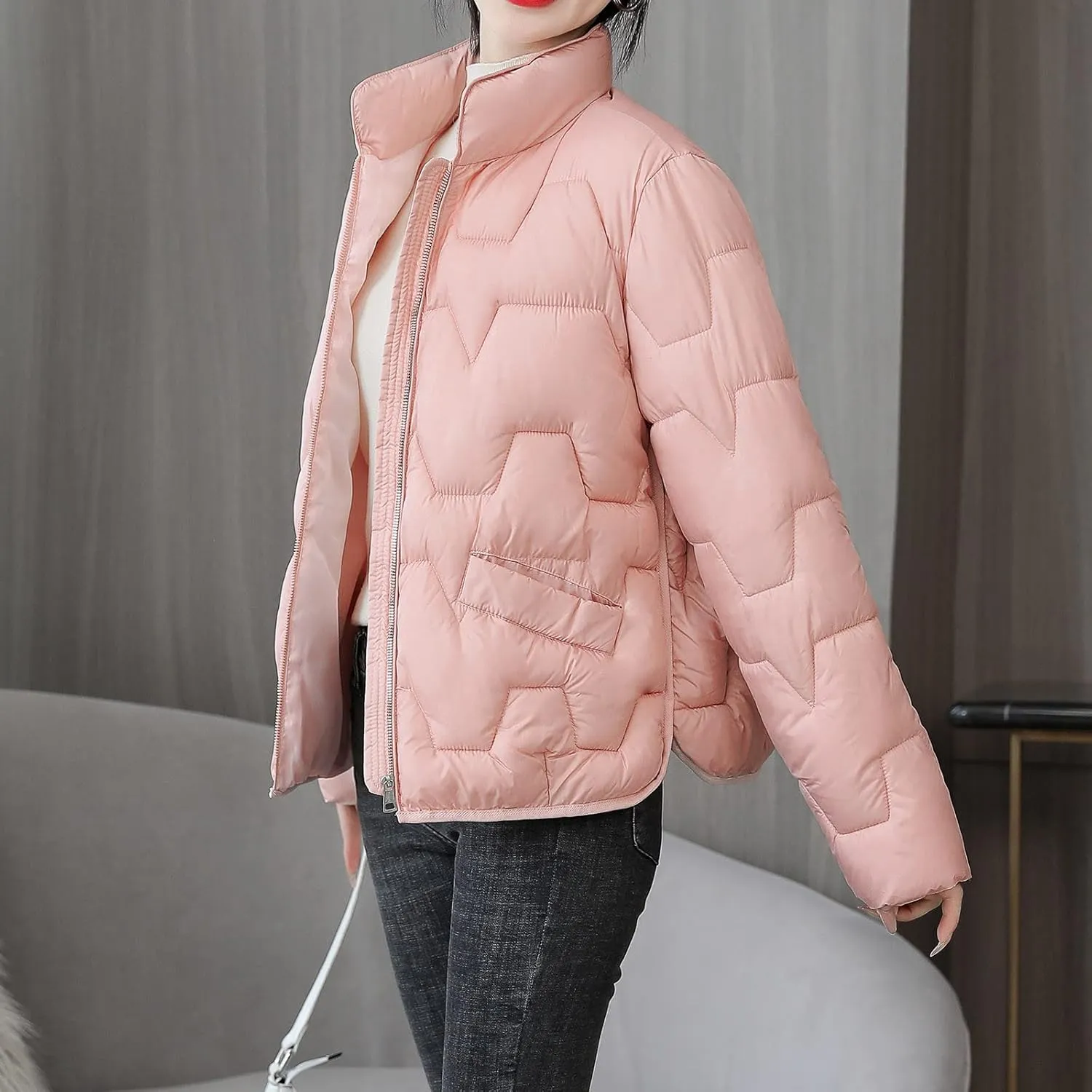 Winter Coats For Women Quilted Zip Up Puffer Jacket Plus Size Long Sleeve Packable Down Outwear With Pocket