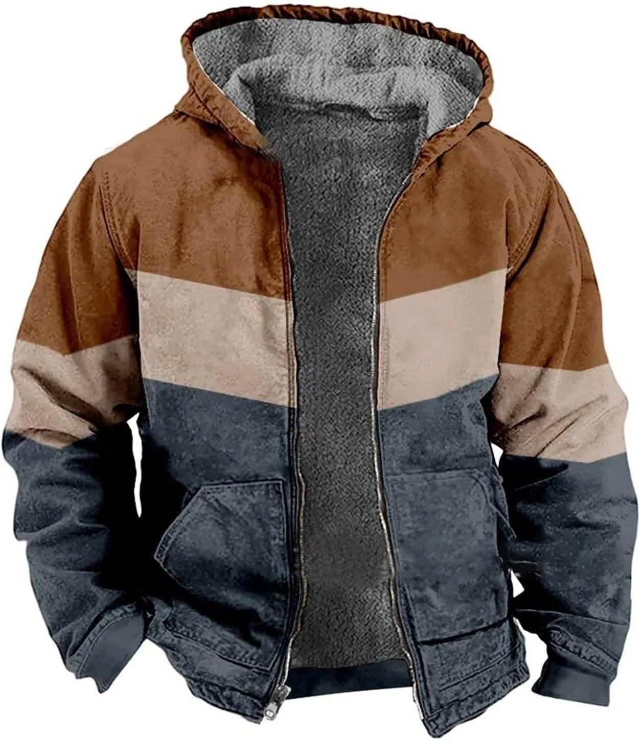 Winter Jackets for Men Warm Fleece Lined Thicken Zipper Sherpa Hoodies Colorblock Heavyweight Hooded Tactical Coats