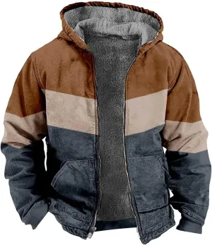Winter Jackets for Men Warm Fleece Lined Thicken Zipper Sherpa Hoodies Colorblock Heavyweight Hooded Tactical Coats