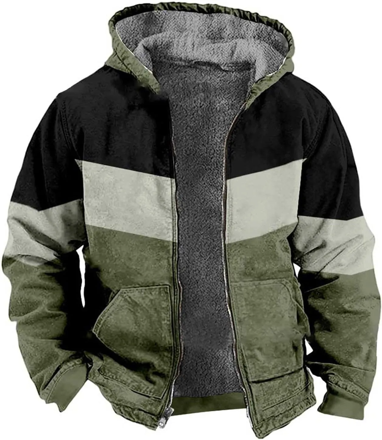 Winter Jackets for Men Warm Fleece Lined Thicken Zipper Sherpa Hoodies Colorblock Heavyweight Hooded Tactical Coats