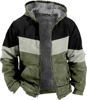 Winter Jackets for Men Warm Fleece Lined Thicken Zipper Sherpa Hoodies Colorblock Heavyweight Hooded Tactical Coats
