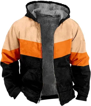 Winter Jackets for Men Warm Fleece Lined Thicken Zipper Sherpa Hoodies Colorblock Heavyweight Hooded Tactical Coats