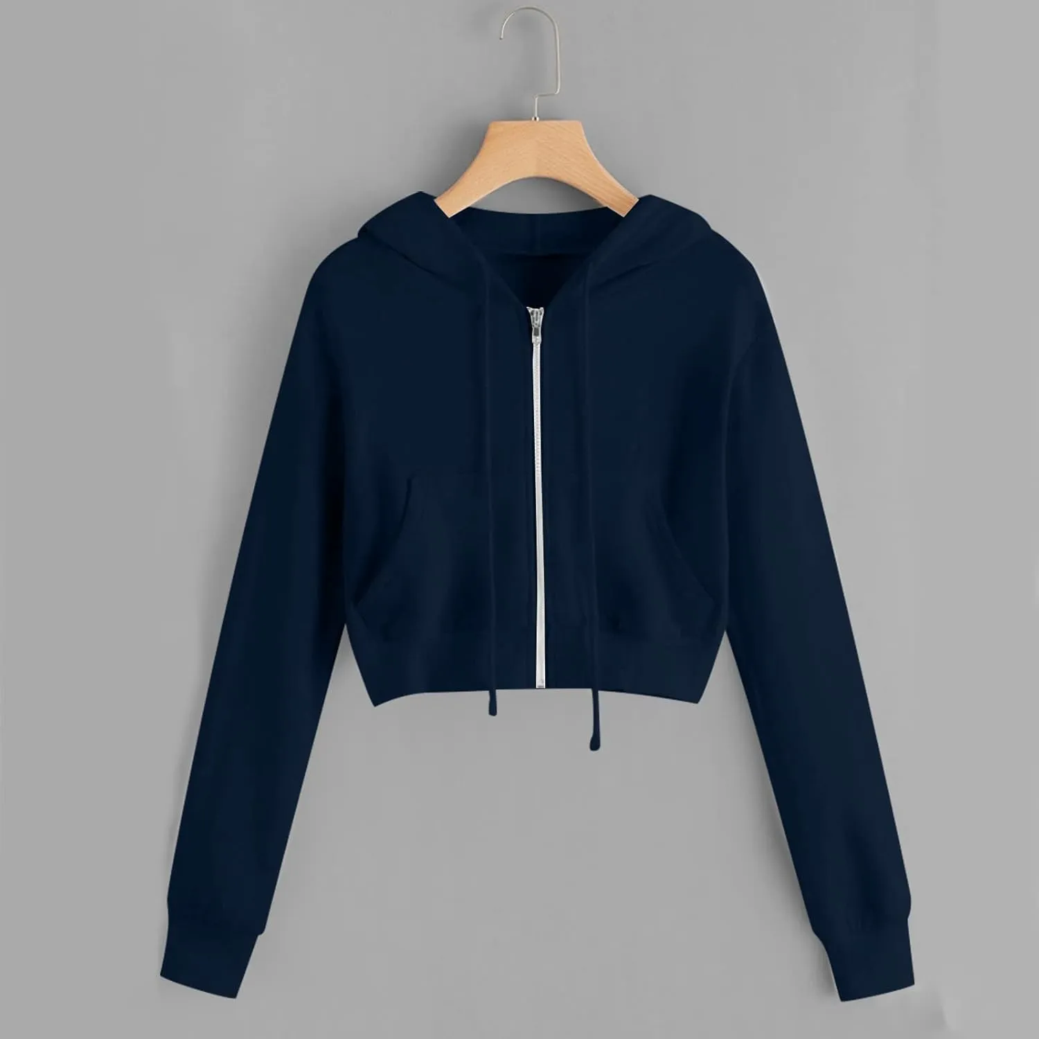 Women Basic Cropped Hoodies Full Zipper Drawstring Sweatshirt Jackets Casual Long Sleeve Short Outwear with Pockets
