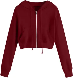 Women Basic Cropped Hoodies Full Zipper Drawstring Sweatshirt Jackets Casual Long Sleeve Short Outwear with Pockets