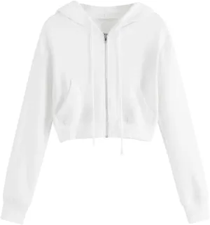 Women Basic Cropped Hoodies Full Zipper Drawstring Sweatshirt Jackets Casual Long Sleeve Short Outwear with Pockets