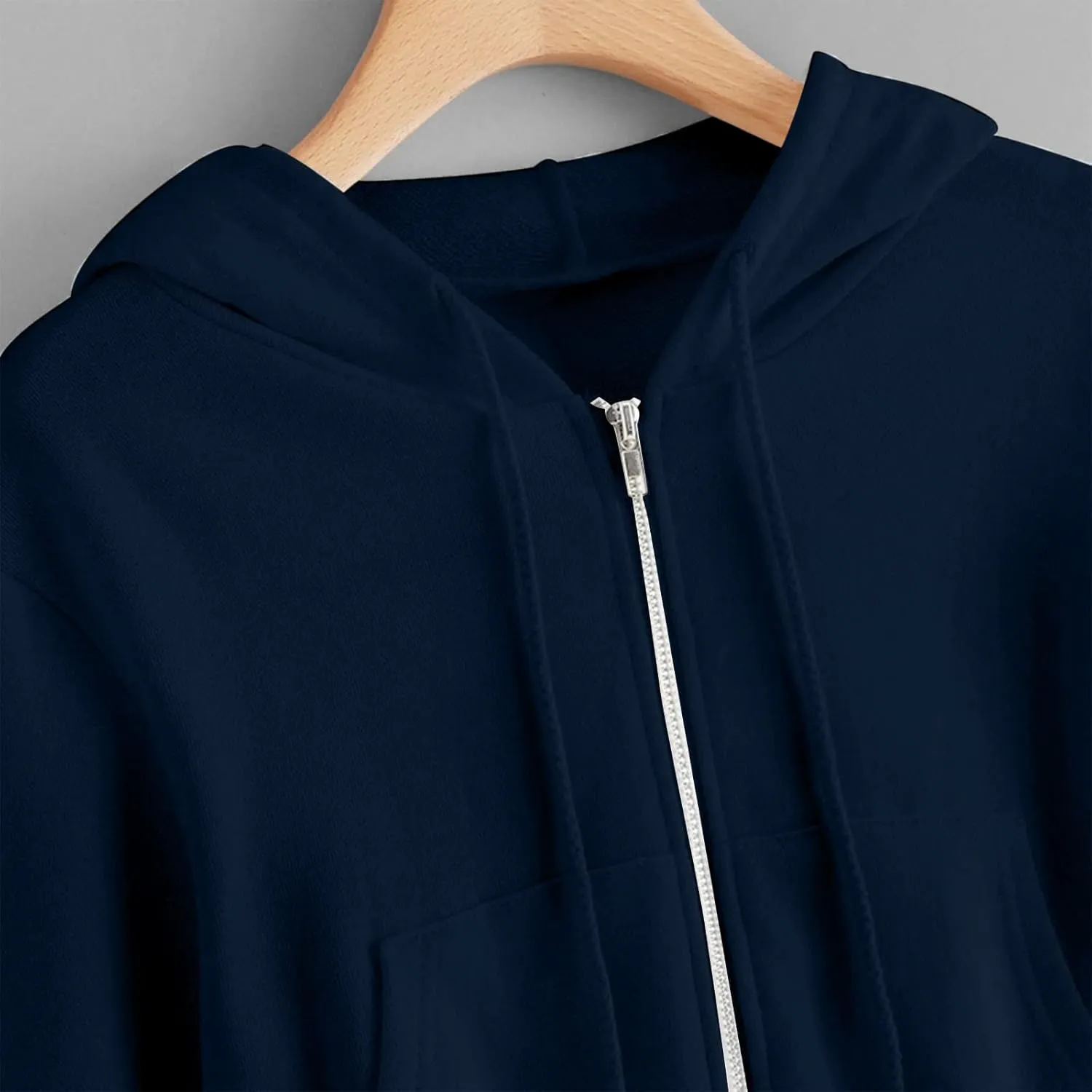 Women Basic Cropped Hoodies Full Zipper Drawstring Sweatshirt Jackets Casual Long Sleeve Short Outwear with Pockets