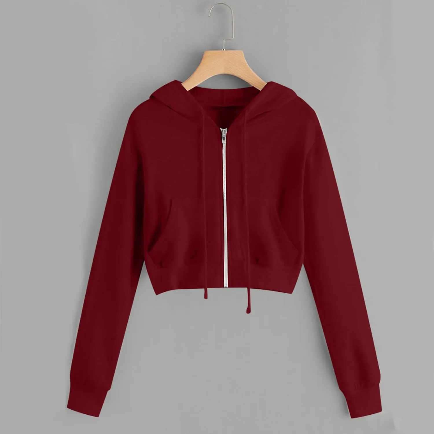 Women Basic Cropped Hoodies Full Zipper Drawstring Sweatshirt Jackets Casual Long Sleeve Short Outwear with Pockets