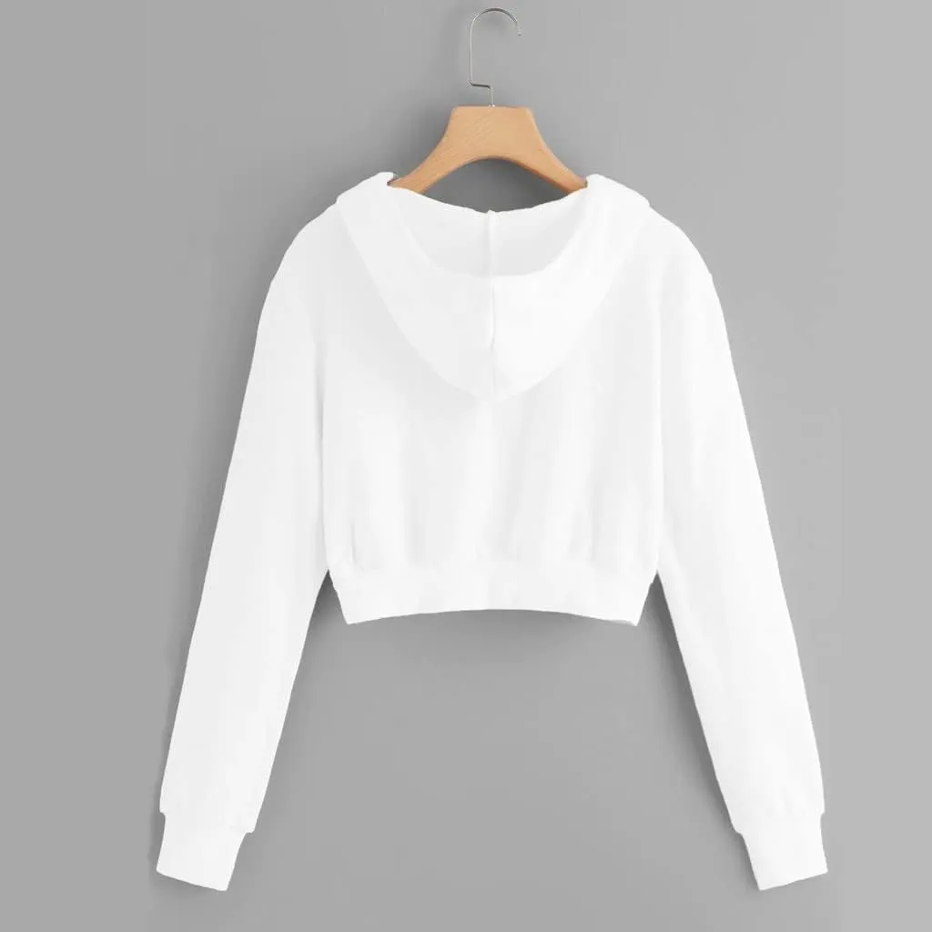 Women Basic Cropped Hoodies Full Zipper Drawstring Sweatshirt Jackets Casual Long Sleeve Short Outwear with Pockets