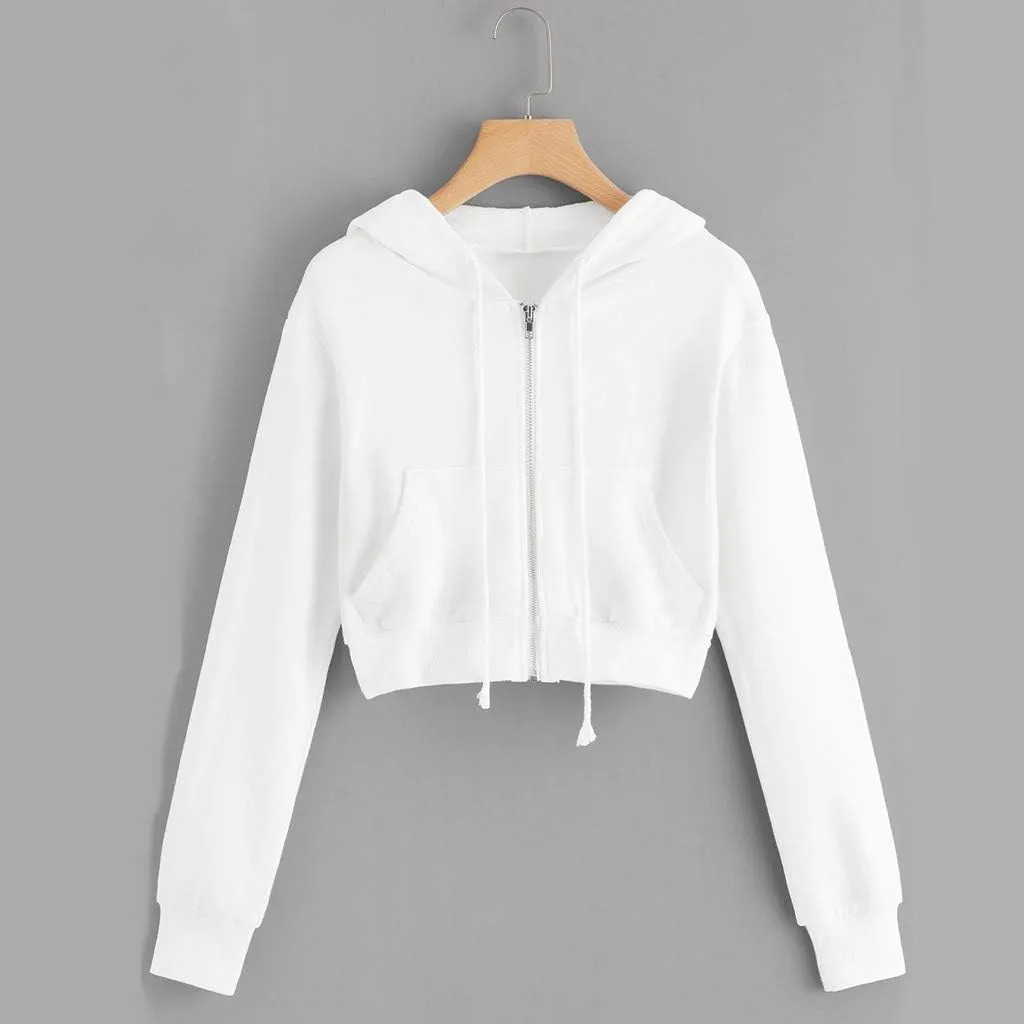 Women Basic Cropped Hoodies Full Zipper Drawstring Sweatshirt Jackets Casual Long Sleeve Short Outwear with Pockets