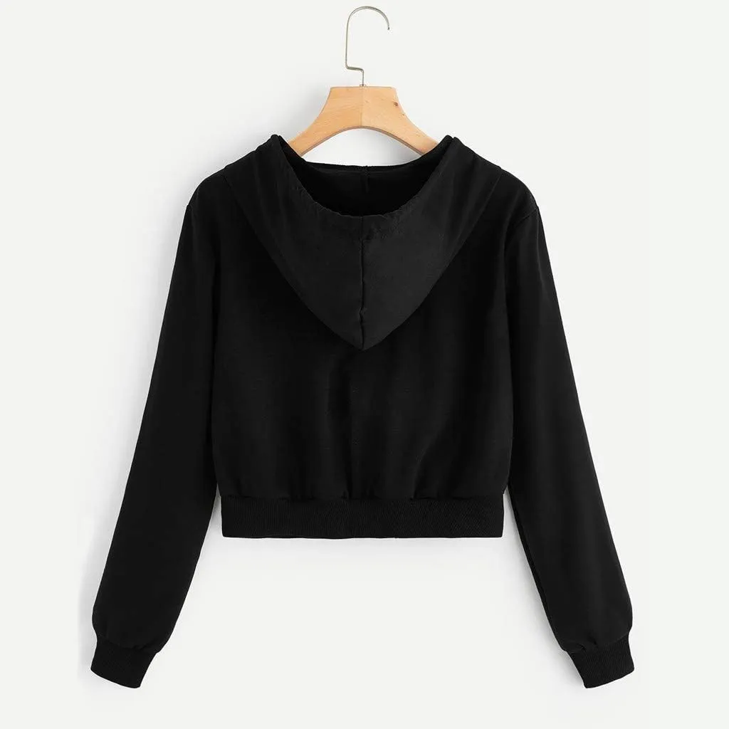 Women Basic Cropped Hoodies Full Zipper Drawstring Sweatshirt Jackets Casual Long Sleeve Short Outwear with Pockets