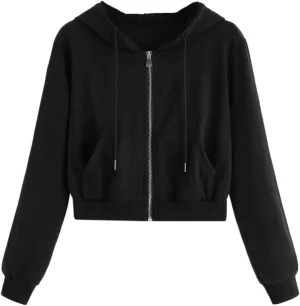 Women Basic Cropped Hoodies Full Zipper Drawstring Sweatshirt Jackets Casual Long Sleeve Short Outwear with Pockets
